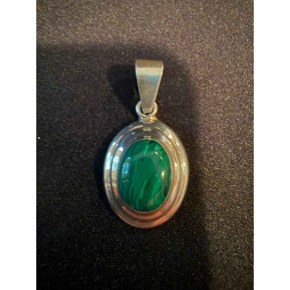 Sterling Silver Malachite Oval Pendant,  Marked 925 Taxco Mexico